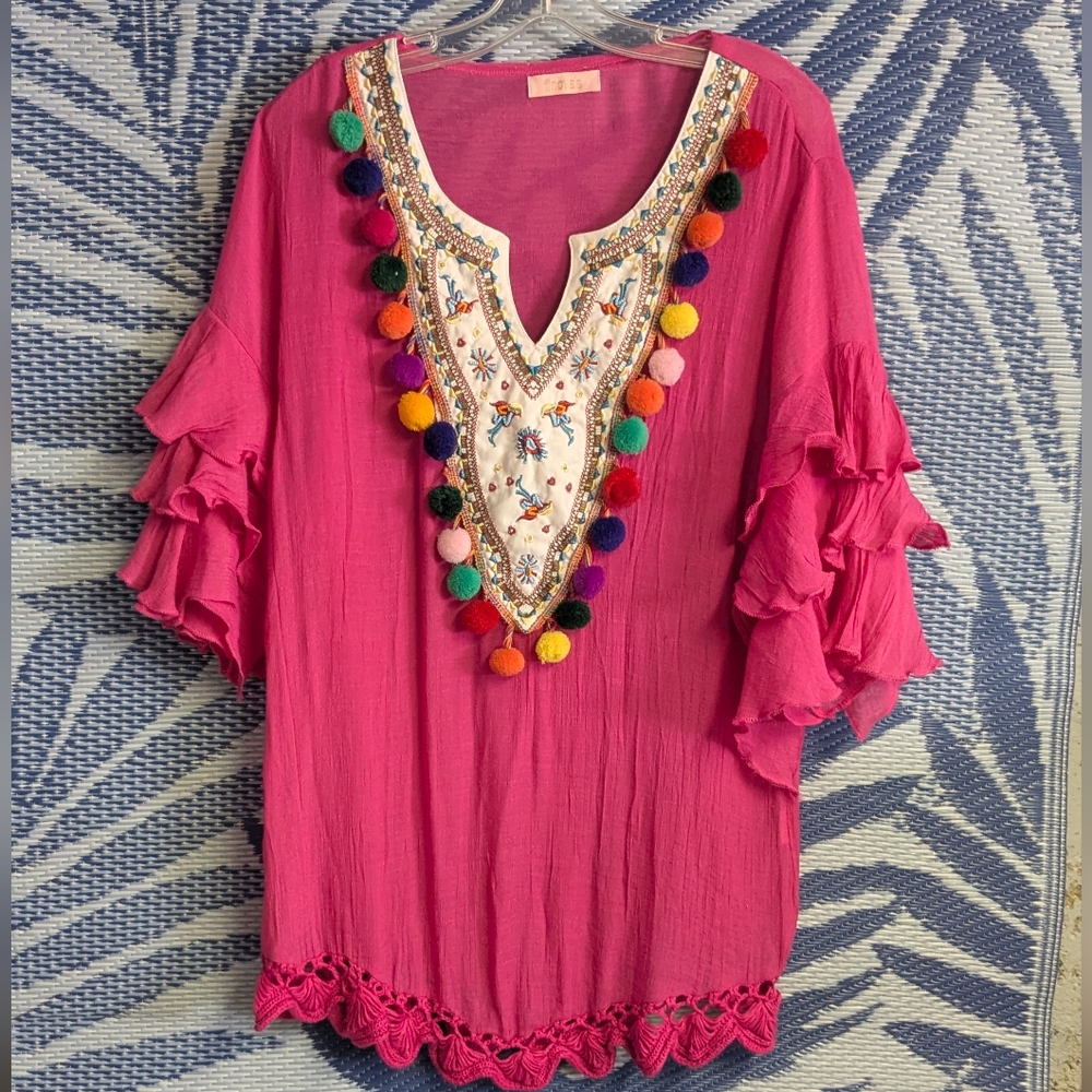 Vibrant Pink Embellished Women's Swimsuit Cover-Up